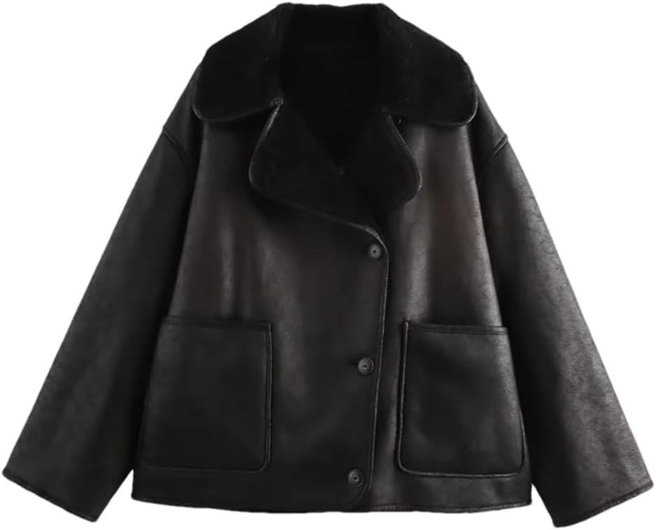 Women's Faux Suede Coats Loose Notched Lapel Buttons Long Sleeve Spliced Fleece Jacket
