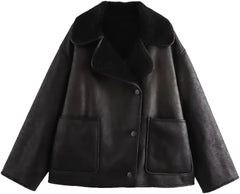 Women's Faux Suede Coats Loose Notched Lapel Buttons Long Sleeve Spliced Fleece Jacket