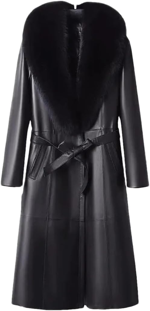 Vsadsau Women Casual Leather Coat Loose Mid-Length Trenchcoat Pu Leather Coat With Wool Collar