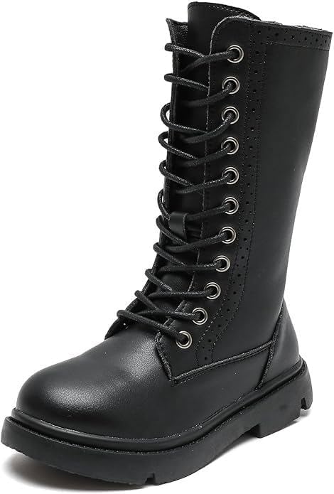 kkdom Boys Girls Waterproof Lace Up Side Zipper Mid Calf Combat Riding Boots