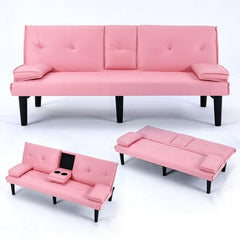 Convertible Folding Futon Sofa Bed with Metal Legs & 2 Cupholders, Modern New Upholstered Couch Loveseat Sleeper, Folding Couches Bed, Removable Armrests for Small Spaces (Black)
