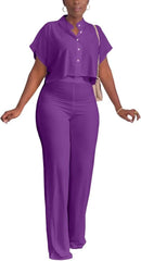 HBQ Women's Summer 2 Piece Outfits Casual Tracksuit Short Sleeve Button Down Crop Top Wide Leg Long Pant Lounge Sets