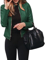 Womens Faux Leather Moto Jacket Slim Fit Biker Coat Long Sleeve Zip Up Short PU Leather Outwear for Fall