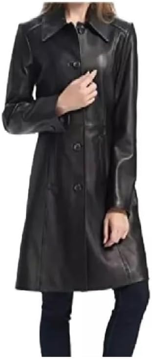 NEMS Women's Genuine Lambskin Leather Black Trench Coat 100% Soft Overcoat Jacket