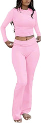AYWA Women's 2 Piece Outfits Foldover Flare Pants Long Sleeve Crew Neck T-shirt Fitted Pajama Sets