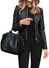 Womens Faux Leather Moto Jacket Slim Fit Biker Coat Long Sleeve Zip Up Short PU Leather Outwear for Fall