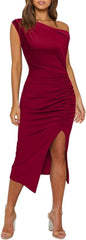 OWIN Women's Sexy Elegant Off Shoulder Sleeveless Side Slit Ruched Bodycon Wedding Guest Cocktail Party Midi Dress
