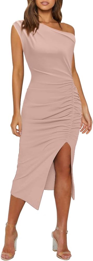 OWIN Women's Sexy Elegant Off Shoulder Sleeveless Side Slit Ruched Bodycon Wedding Guest Cocktail Party Midi Dress