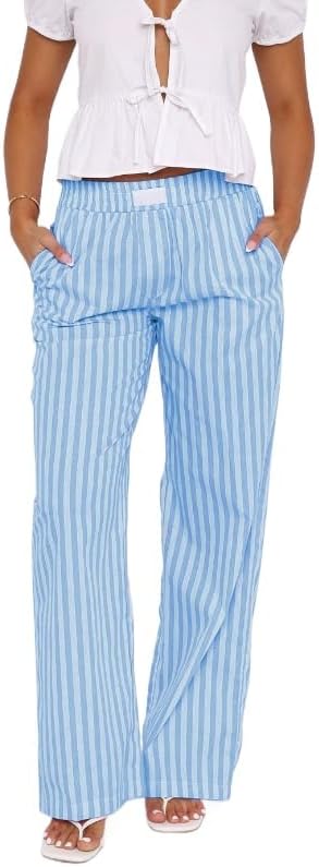 Women's Elastic Striped Wide Leg Casual Pants with Aesthetic Loose fit and Pockets Y2K Pants