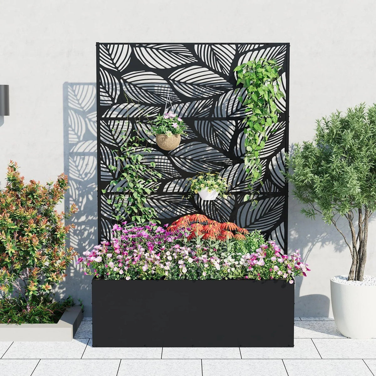 Metal Privacy Screen Planter Box, Raised Garden Bed for Climbing Plants, Veggies, Birch Leaf Style