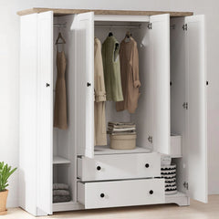 Wooden 4 Door Wardrobe Closet with 2 Drawers and Hanging Storage, Armoire Cabinet for Bedroom Organization