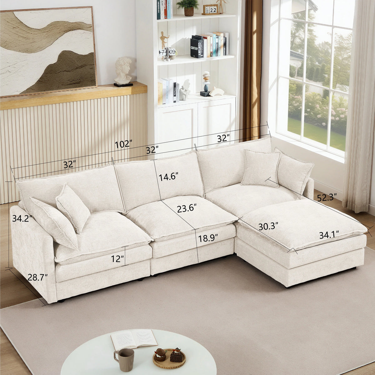 GDFStudio - Chenille Modular 3-Seater 102" L-Shaped Sectional Sofa with Ottoman