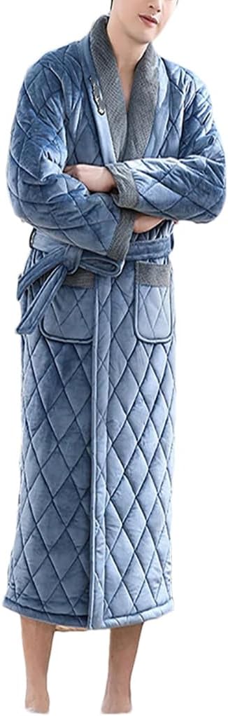 YTR6TW Men's Winter Terry Bathrobe Thick Warm Flannel Robes Luxury Solid Plaid Long Robes Man Towel Robes