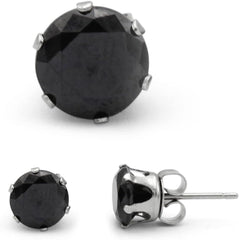 BEBERLINI Round Stud Earrings 14K Gold Plated Silver Black Cubic Zirconia Ear Piercing Stainless Steel Jewelry Men 3-10 mm