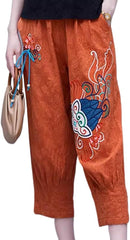 Ethnic style embroidered casual suit women, spring and retro Vneck loose cotton linen top pants twopiece set