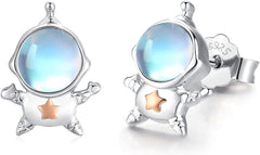 Sterling Silver Moonstone Astronaut Earrings - Cute Spaceman Studs - Planet Jewelry Gift for Women
