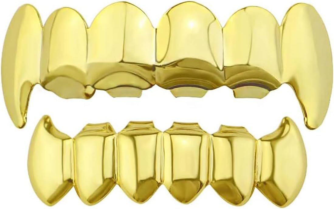 18K Gold Plated Hip Hop Teeth Grillz Caps Vampire Fangs 6 Teeth Mouth Top Bottom Grills Set for Men Women Party Accessories Teeth Grills