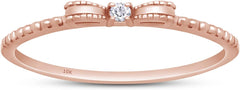Round White Natural Diamond Accent 10k Solid Gold Bow Ribbon Beaded Band Promise Ring (I-J Color, I2-I3 Clarity)