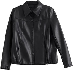 Women Short Leather Coat Spring Fashion Turn-Down Collar Single Breasted Casual Slim Jacket Leather Outerwear
