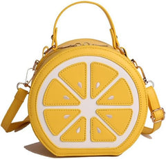 Cute Fruit Shaped Round Crossbody Bag, Lemon Lime Slices Pattern Top Handle Handbag, Novelty Fashion Orange Shoulder Purse