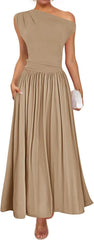 ZESICA Women's Summer 2025 Sleeveless Maxi Dress One Shoulder Casual Slim Swing Pleated Formal Dresses with Pockets