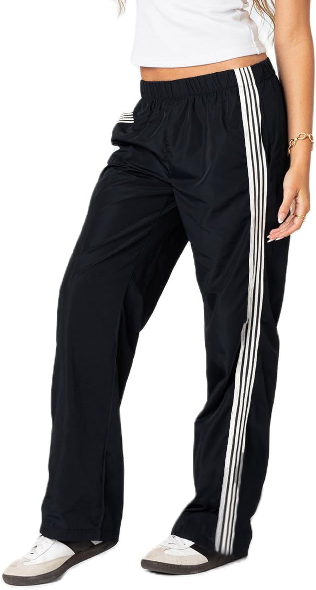 Mxiqqpltky Baggy Parachute Pants for Women Elastic Low Waist Y2K Striped Sweatpants Wide Leg Jogger Track Pants Streetwear