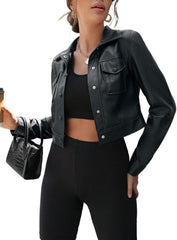 Womens Shacket Jacket Pocket Crop PU Jacket