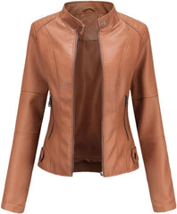 Women Spring Short Faux Leather Jacket Solid Color Slim Fit Jacket Fashionable Motorcycle Biker Jackets