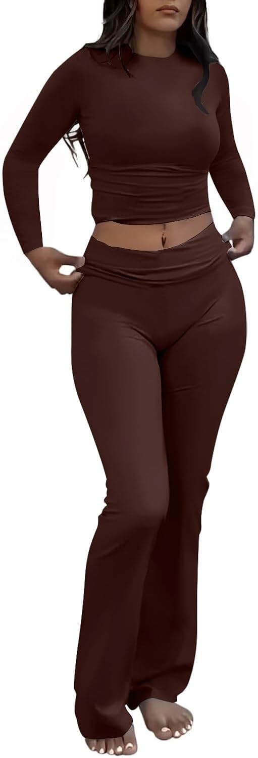 AYWA Women's 2 Piece Outfits Foldover Flare Pants Long Sleeve Crew Neck T-shirt Fitted Pajama Sets