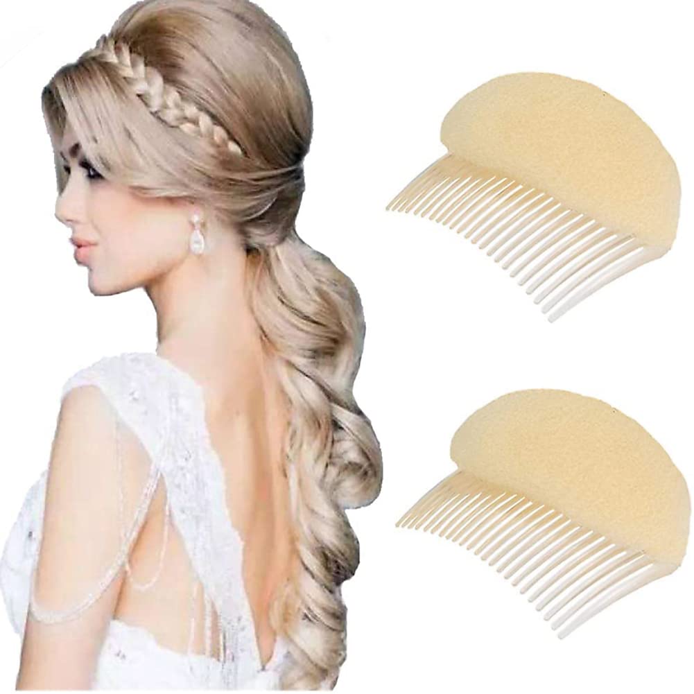 Hair Comb, 2PCS Charming Bump It Up Volume Inserts Hair Decoration Comb Sponge Foam Do Beehive hair styler Insert Tool (Beige, Nylon)