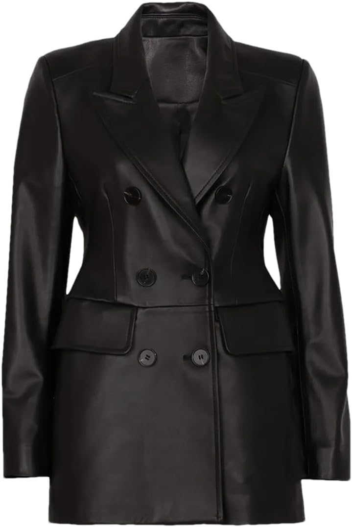 Women 2024 Spring Real Leather Jacket Whit Pockets Double Breasted Slim Black Leather Blazer