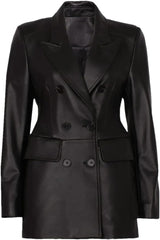 Women 2024 Spring Real Leather Jacket Whit Pockets Double Breasted Slim Black Leather Blazer