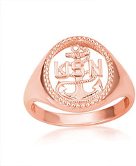 10K Yellow, White, and Rose Gold Officially Licensed Men’s United States Navy Anchor Chief Petty Officer Milgrain Open Signet Band or Pinky Ring, Available in Sizes 6-16