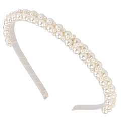 Small Pearl Headbands for Girls, Hapdoo 6.1inch White Beads Headband with Faux Pearl for Wedding, Non-adjustable Cute Fashion Beaded Bling Metal Based Hairbands for Birthday