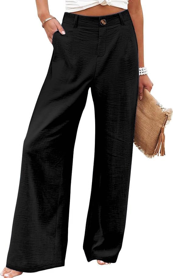 Women's Wide Leg Casual Long Pants High Elastic Waisted in The Back Business Offices Trousers Straight Pants with Pocket