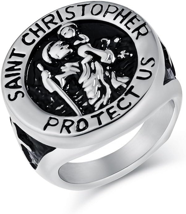 Vintage Patron Saint Christopher Titanium Steel Ring for Men – Religious Protection Amulet