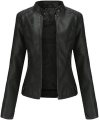 Women's PU Leather Jacket With Stand Collar Zipper Closure Biker Style For Spring And Autumn Wear