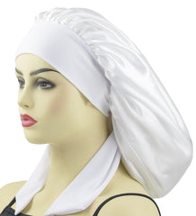 White Satin Bonnets for Sleeping Women Braids Long Hair Cover Silk Hair Bonnet Night Caps XL Large Satin Sleep Cap with Tie