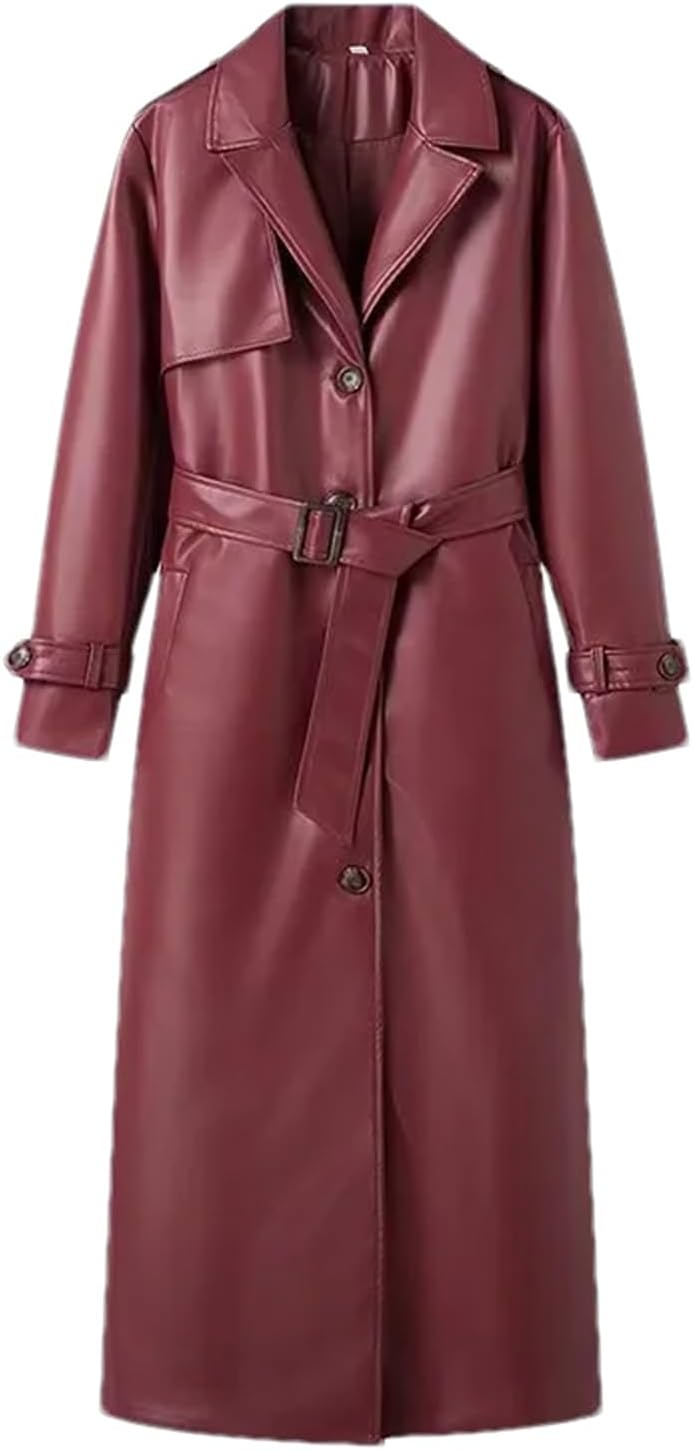 Mnjyihy Women's Faux Leather Jacket Retro Fashion Button Down With Belt Pockets Loose Long Trench Coat Outerwear