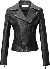 Women's Spring Fashion PU Leather Motorcycle Jacket Biker Style Zipper Coat Moto Outerwear