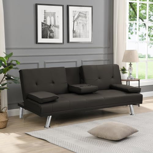 Convertible Folding Futon Sofa Bed with Metal Legs & 2 Cupholders, Modern New Upholstered Couch Loveseat Sleeper, Folding Couches Bed, Removable Armrests for Small Spaces (Black)