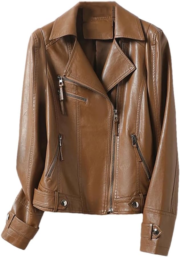 Winter Sheepskin Jackets For Women Vintage Leather Coats Zip Up Turn-Down Collar Ladies Slim Leather Jacket