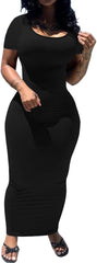 PINSV Women's Casual Bodycon Maxi Dress Summer Scoop Neck Short Sleeve Long Fitted Dresses Club Party