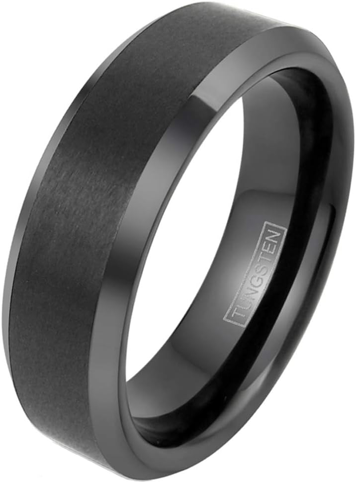 King's Cross Engraved Modern Minimalist Black Brushed Satin Finish 4mm/6mm/8mm Tungsten Carbide Band Ring w/ Beveled Edges & Comfort Fit Inner Band.