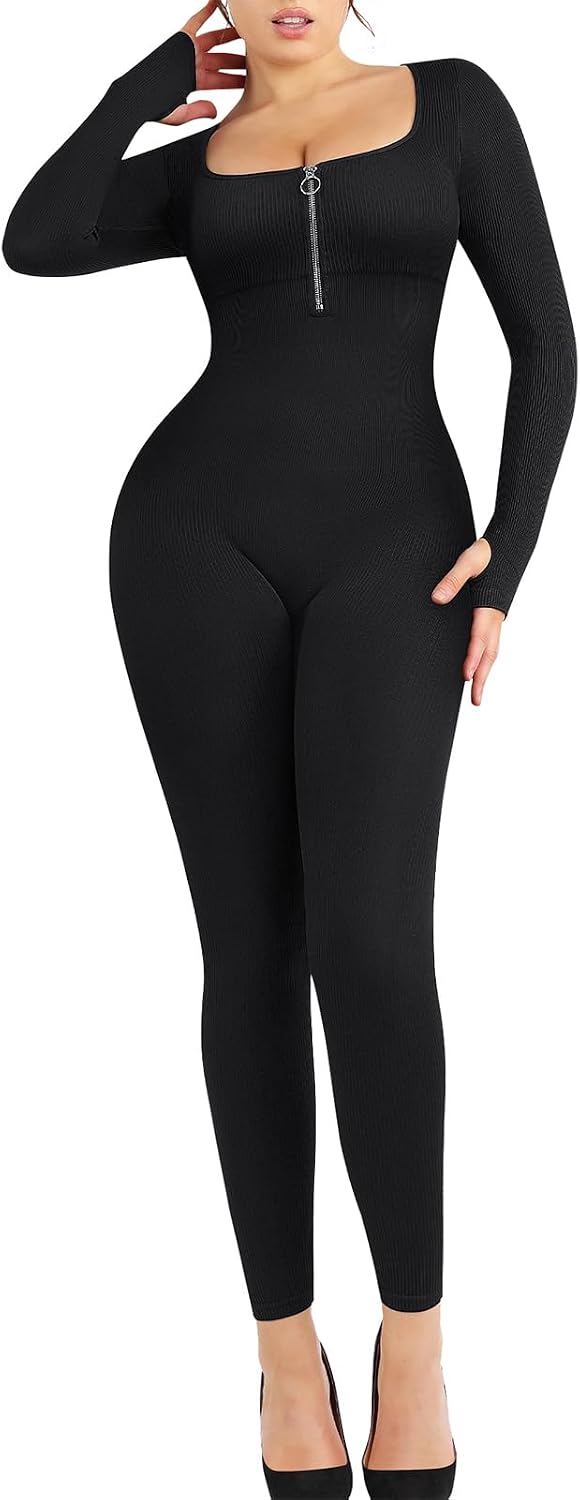 Women’s Long Sleeve Seamless Jumpsuit Ribbed Zip-Front Bodycon Romper One Piece Yoga Outfit