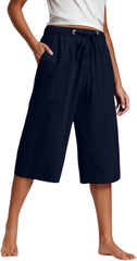 Capri Pants for Women Dressy Wide Leg Elastic Waist Pant Casual Cropped Pants Summer Beach Trousers with Pockets