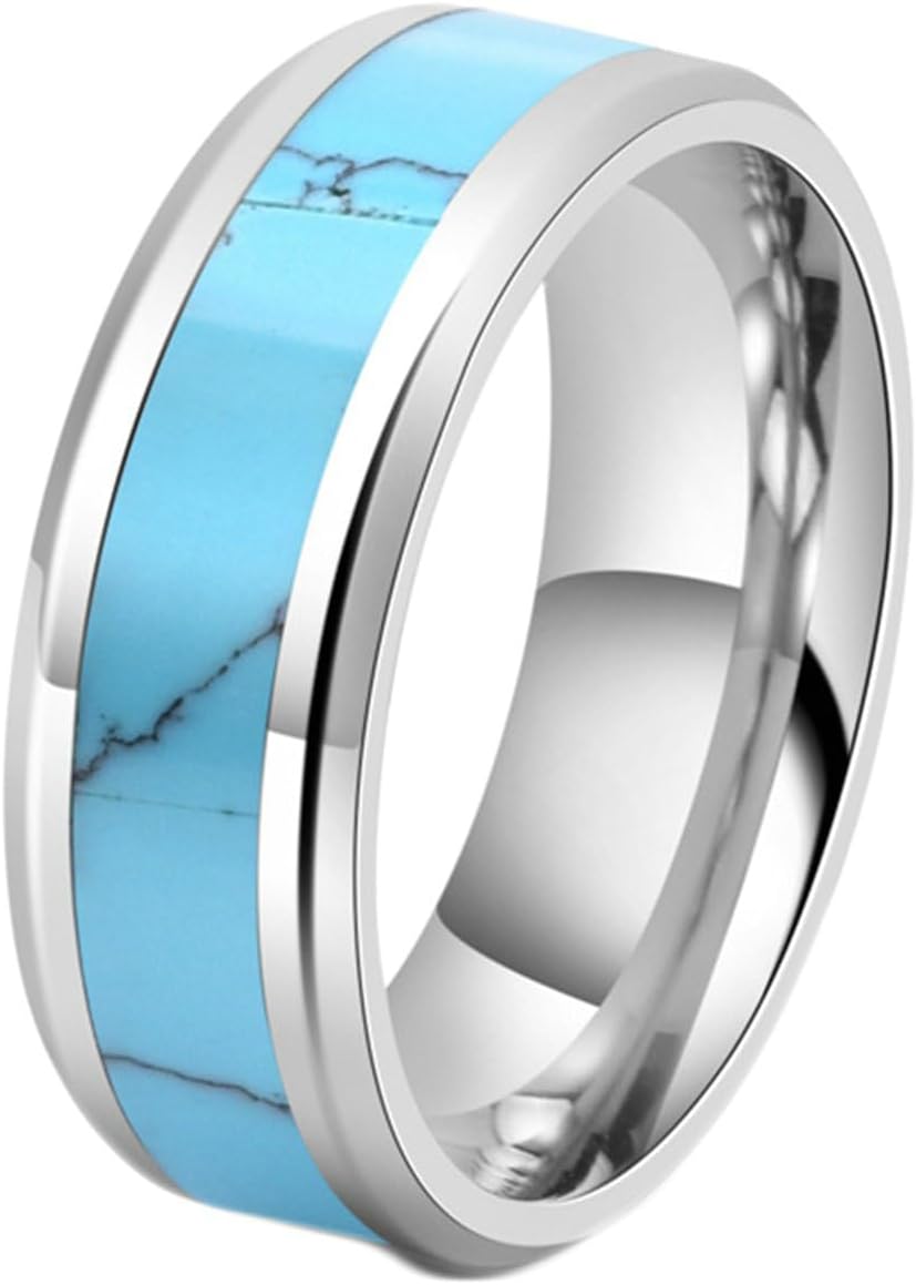 Gualiy Men's Tungsten Wedding Band Ring, Silver Marriage Ring Engagement Ring 8MM Turquoise Inlay Rings Size 6-12