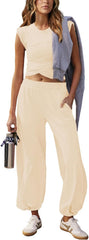 Women 2 Piece Outfit Set Loungewear Cropped Tops and Jogger Sweatpant Matching Set Coordinated Sweatsuit with Pockets