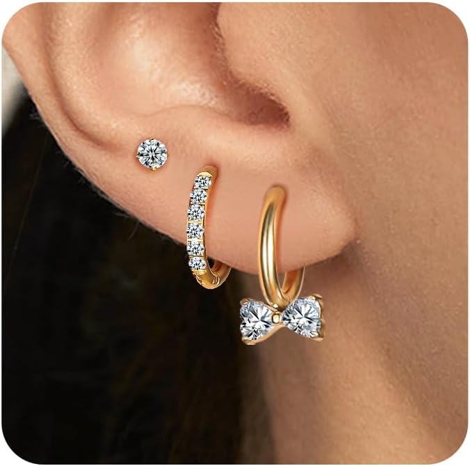 Surgical Steel Huggie Hoop Earrings for Women Set,14K Gold Plated Small Hypoallergenic Lightweight CZ Huggie Earrings, Waterproof Non Tarnish, for Multiple Piercing