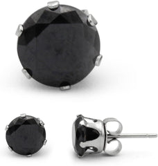 BEBERLINI Round Stud Earrings 14K Gold Plated Silver Black Cubic Zirconia Ear Piercing Stainless Steel Jewelry Men 3-10 mm